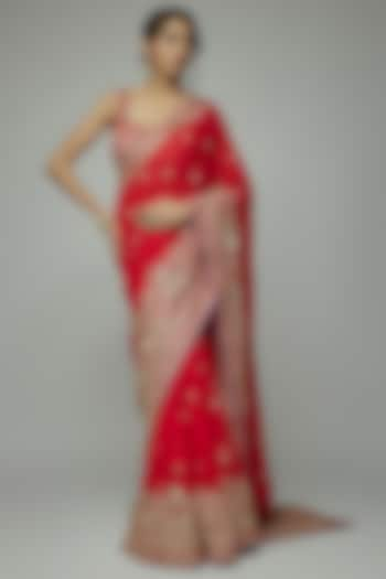 Red Georgette Gold Embroidered Lehenga Saree Set by GOPI VAID at Pernia's Pop Up Shop