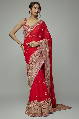 Red Georgette Gold Embroidered Lehenga Saree Set by GOPI VAID