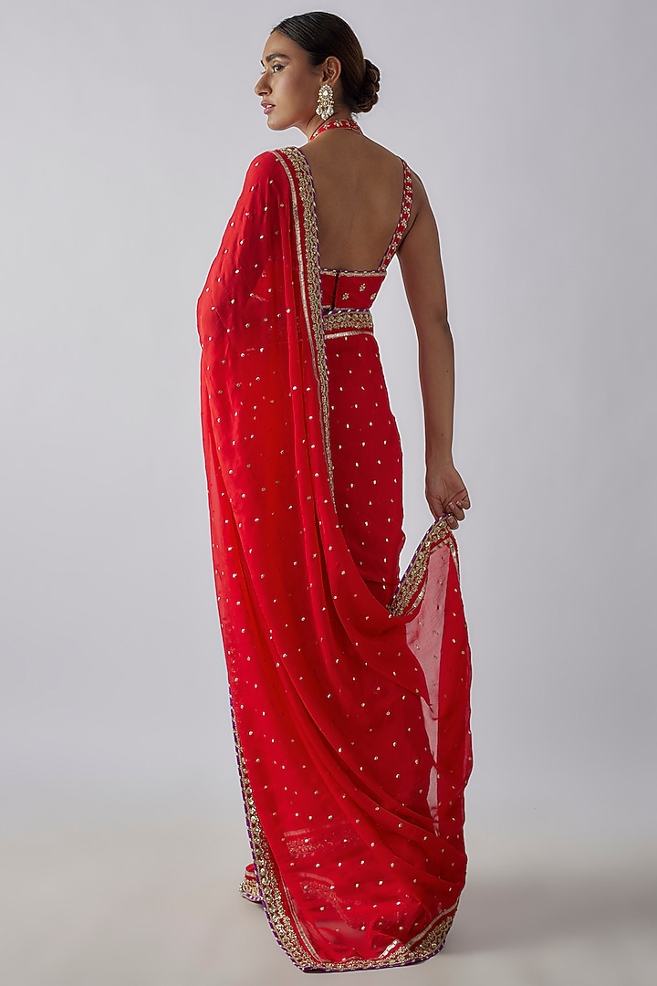 Red Georgette Zardosi & Badla Wedding Saree Set by GOPI VAID at Pernia's Pop Up Shop