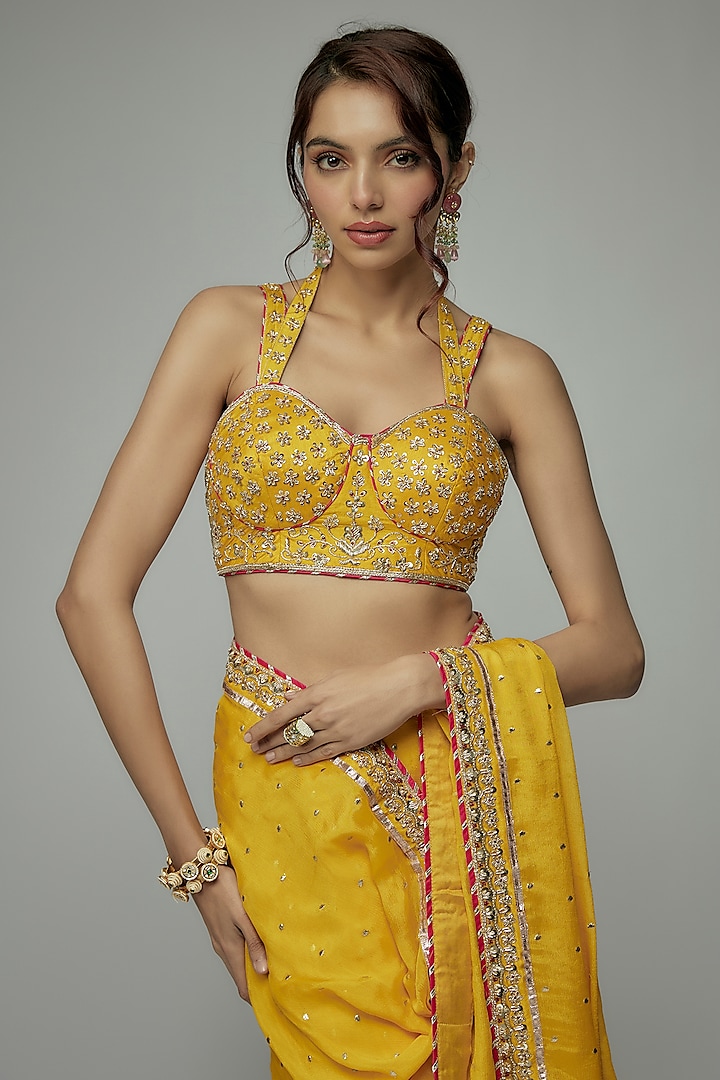 Yellow Georgette Zardosi Embroidered Wedding Saree Set by GOPI VAID at Pernia's Pop Up Shop