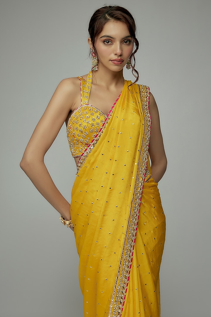 Yellow Georgette Zardosi Embroidered Wedding Saree Set by GOPI VAID at Pernia's Pop Up Shop