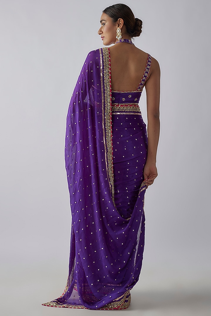 Purple Georgette Zardosi & Badla Wedding Saree Set by GOPI VAID at Pernia's Pop Up Shop