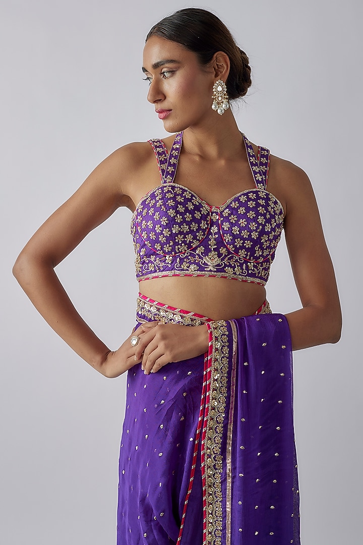 Purple Georgette Zardosi & Badla Wedding Saree Set by GOPI VAID at Pernia's Pop Up Shop