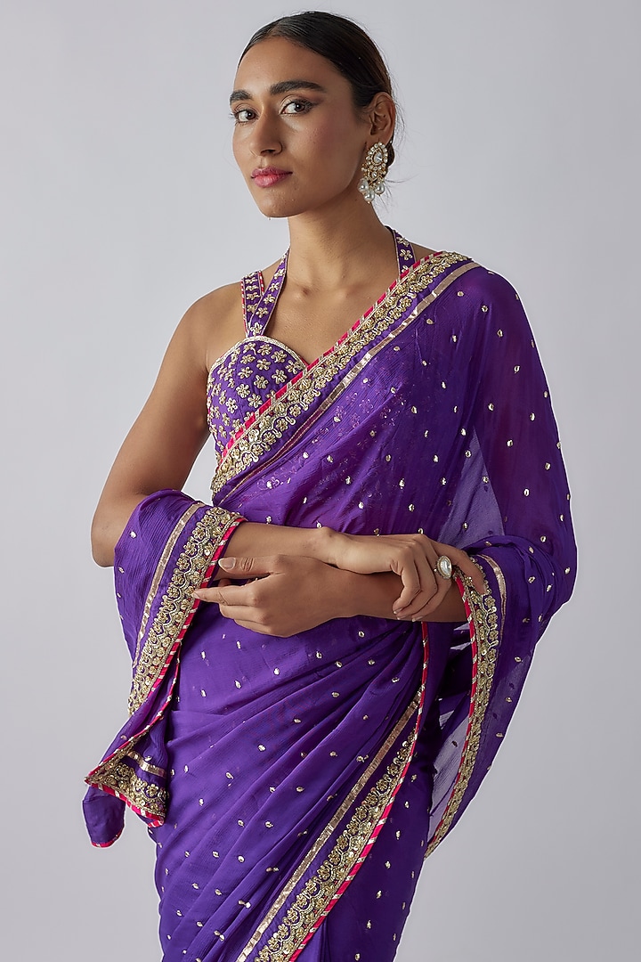 Purple Georgette Zardosi & Badla Wedding Saree Set by GOPI VAID at Pernia's Pop Up Shop