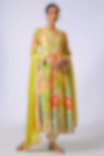 Yellow Chiffon Floral Printed & Embroidered Anarkali Set by GOPI VAID at Pernia's Pop Up Shop