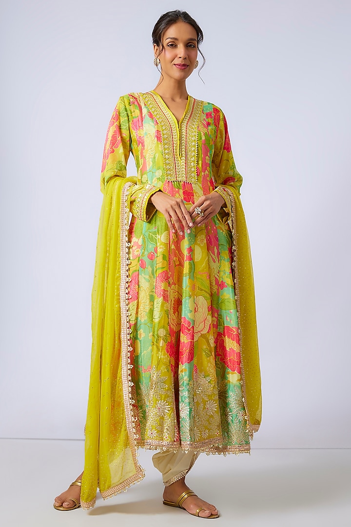 Yellow Chiffon Floral Printed & Embroidered Anarkali Set by GOPI VAID at Pernia's Pop Up Shop