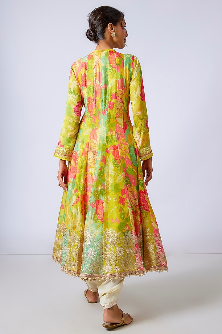 Yellow Chiffon Floral Printed & Embroidered Wedding Anarkali Set by GOPI VAID at Pernia's Pop Up Shop
