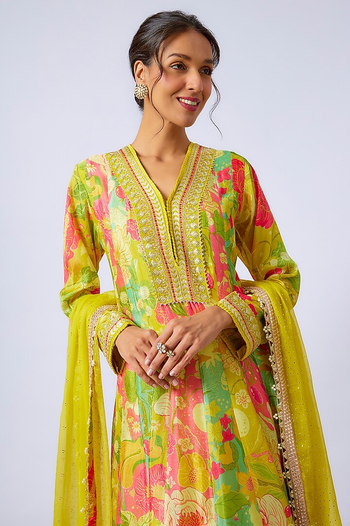Yellow Chiffon Floral Printed & Embroidered Wedding Anarkali Set by GOPI VAID at Pernia's Pop Up Shop