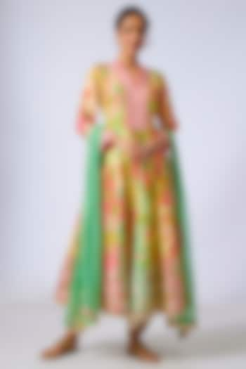 Green Chiffon Floral Printed & Embroidered Anarkali Set by GOPI VAID at Pernia's Pop Up Shop