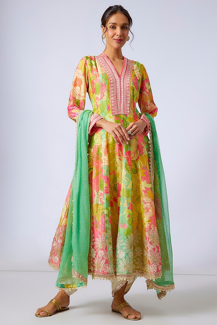 Green Chiffon Floral Printed & Embroidered Anarkali Set by GOPI VAID at Pernia's Pop Up Shop