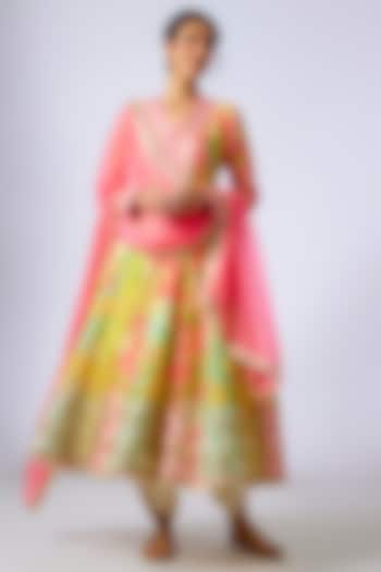 Pink Chiffon Floral Printed & Embroidered Anarkali Set by GOPI VAID at Pernia's Pop Up Shop