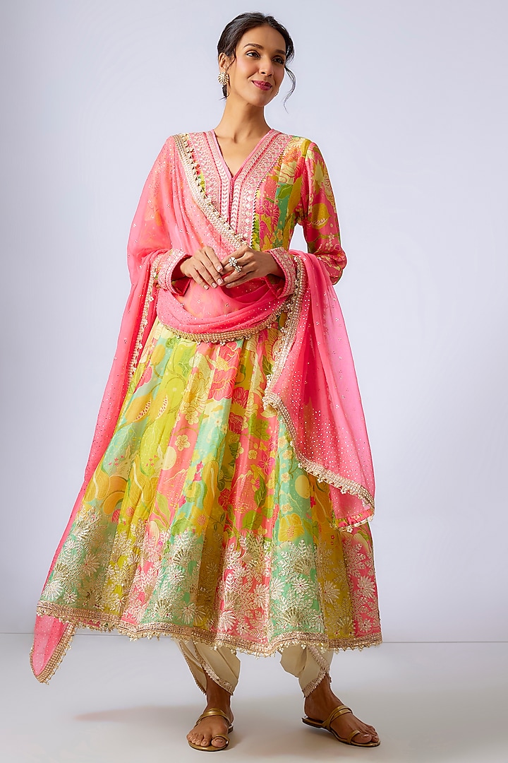 Pink Chiffon Floral Printed & Embroidered Anarkali Set by GOPI VAID at Pernia's Pop Up Shop