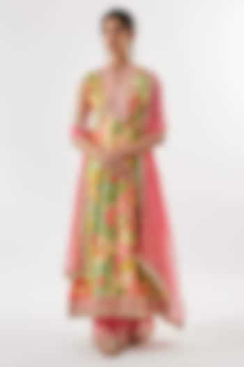 Multi-Colored Chiffon Floral Printed Wedding Anarkali Set by GOPI VAID at Pernia's Pop Up Shop