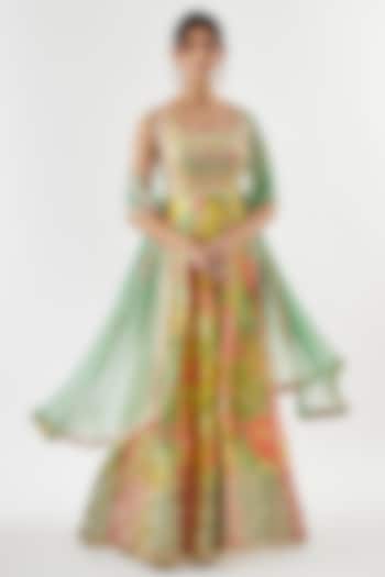 Multi-Colored Tussar Floral Printed Wedding Anarkali Set by GOPI VAID at Pernia's Pop Up Shop