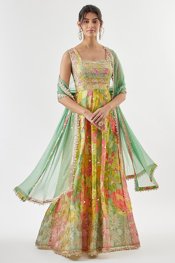 Multi-Colored Tussar Floral Printed Wedding Anarkali Set by GOPI VAID at Pernia's Pop Up Shop