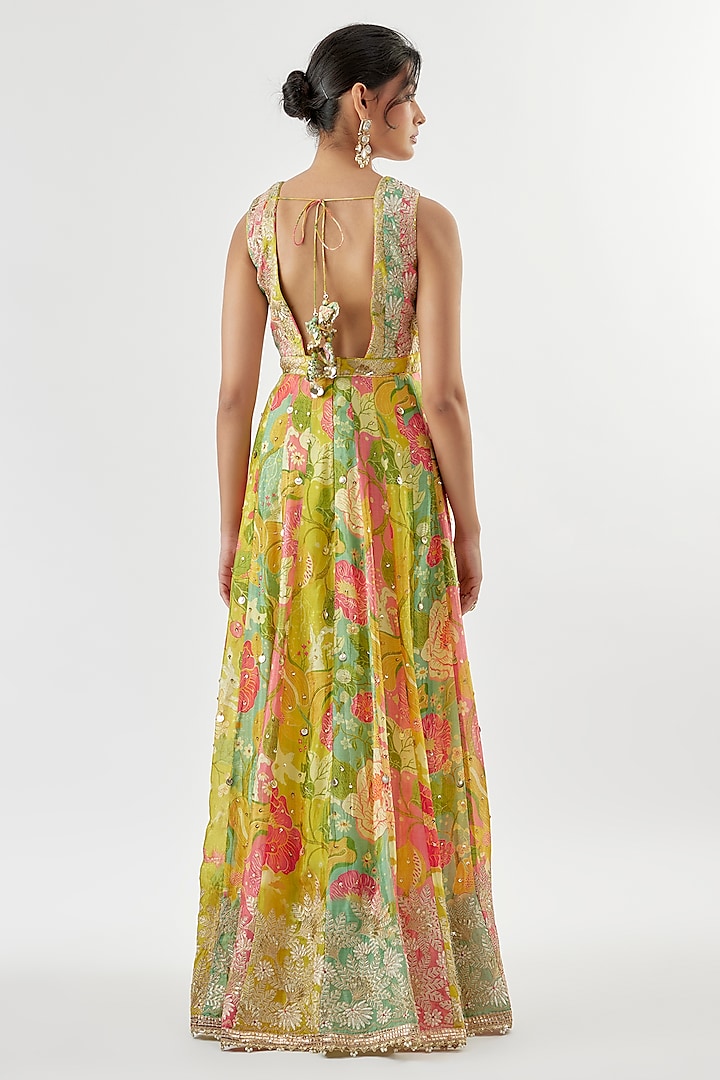 Multi-Colored Tussar Floral Printed Wedding Anarkali Set by GOPI VAID at Pernia's Pop Up Shop