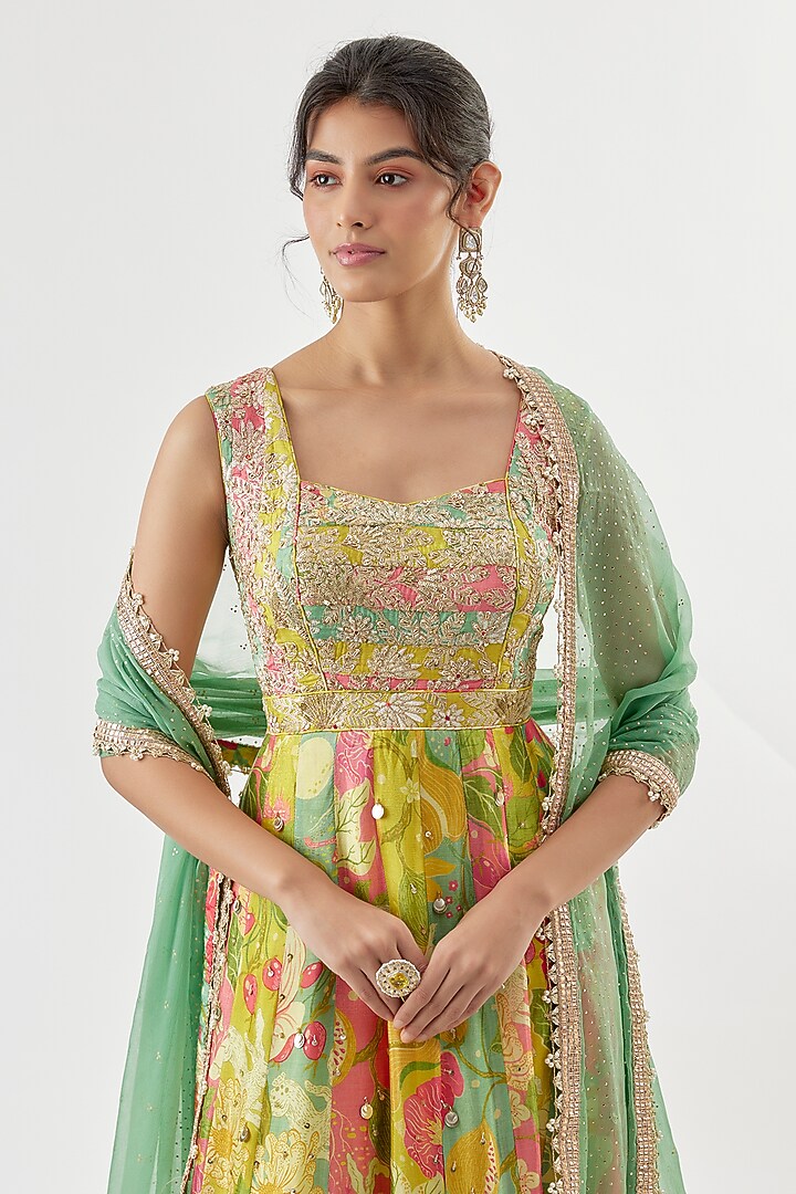 Multi-Colored Tussar Floral Printed Wedding Anarkali Set by GOPI VAID at Pernia's Pop Up Shop