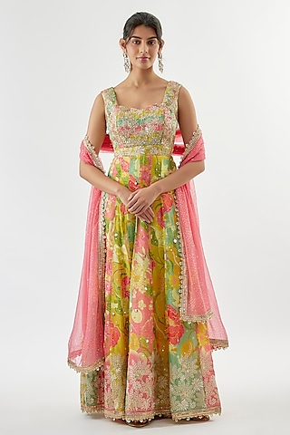 Yellow Tussar Floral Printed Anarkali Set by GOPI VAID