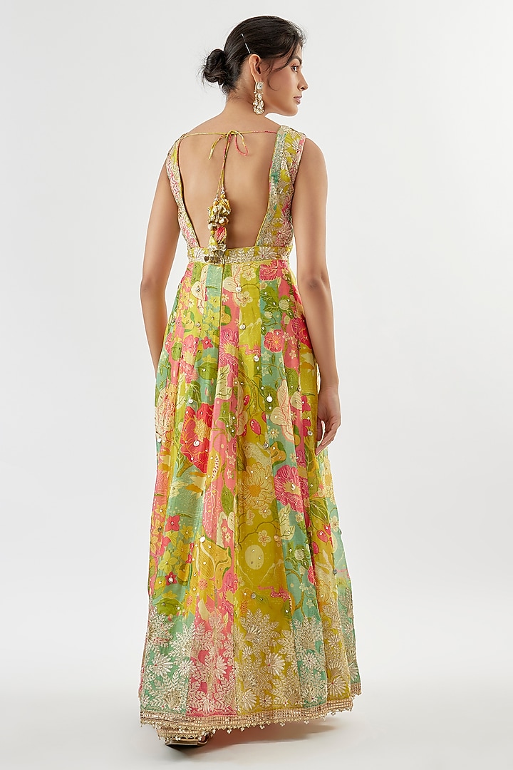 Yellow Tussar Floral Printed Wedding Anarkali Set by GOPI VAID at Pernia's Pop Up Shop