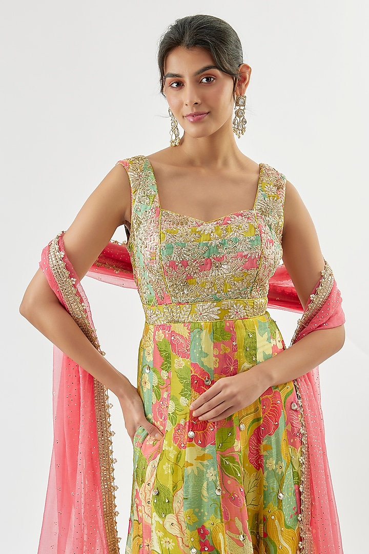 Yellow Tussar Floral Printed Wedding Anarkali Set by GOPI VAID at Pernia's Pop Up Shop