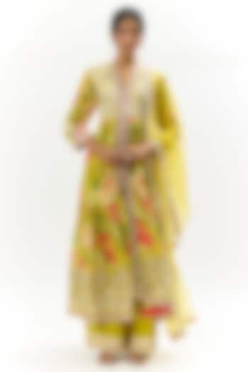 Yellow Chiffon Floral Printed & Embroidered Wedding Anarkali Set by GOPI VAID at Pernia's Pop Up Shop