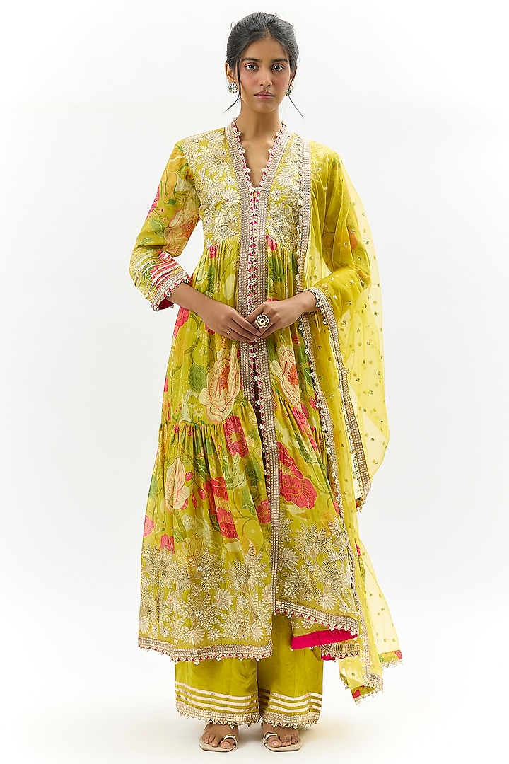 Yellow Chiffon Floral Printed & Embroidered Wedding Anarkali Set by GOPI VAID at Pernia's Pop Up Shop