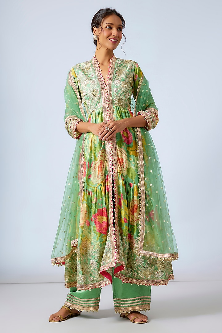 Green Chiffon Floral Printed & Embroidered Anarkali Set by GOPI VAID at Pernia's Pop Up Shop