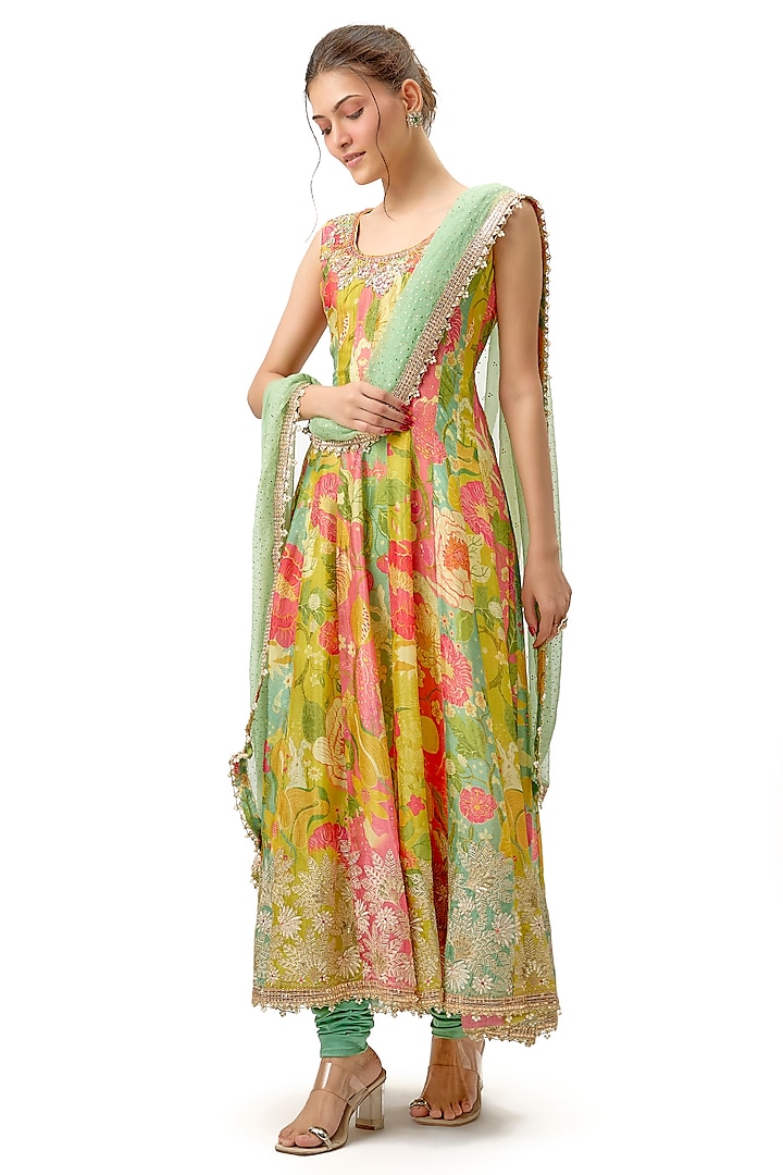 Multi-Colored Chiffon Floral Printed Wedding Anarkali Set by Gopi Vaid at Pernia's Pop Up Shop