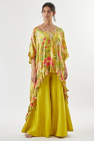 Yellow Tussar Flared Pants Set by GOPI VAID
