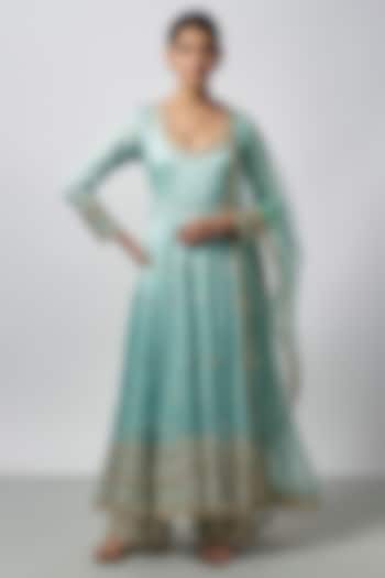 Blue Tussar Mirror & Gold Embroidered Wedding Anarkali Set by GOPI VAID at Pernia's Pop Up Shop