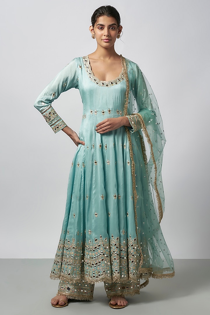 Blue Tussar Mirror & Gold Embroidered Wedding Anarkali Set by GOPI VAID at Pernia's Pop Up Shop