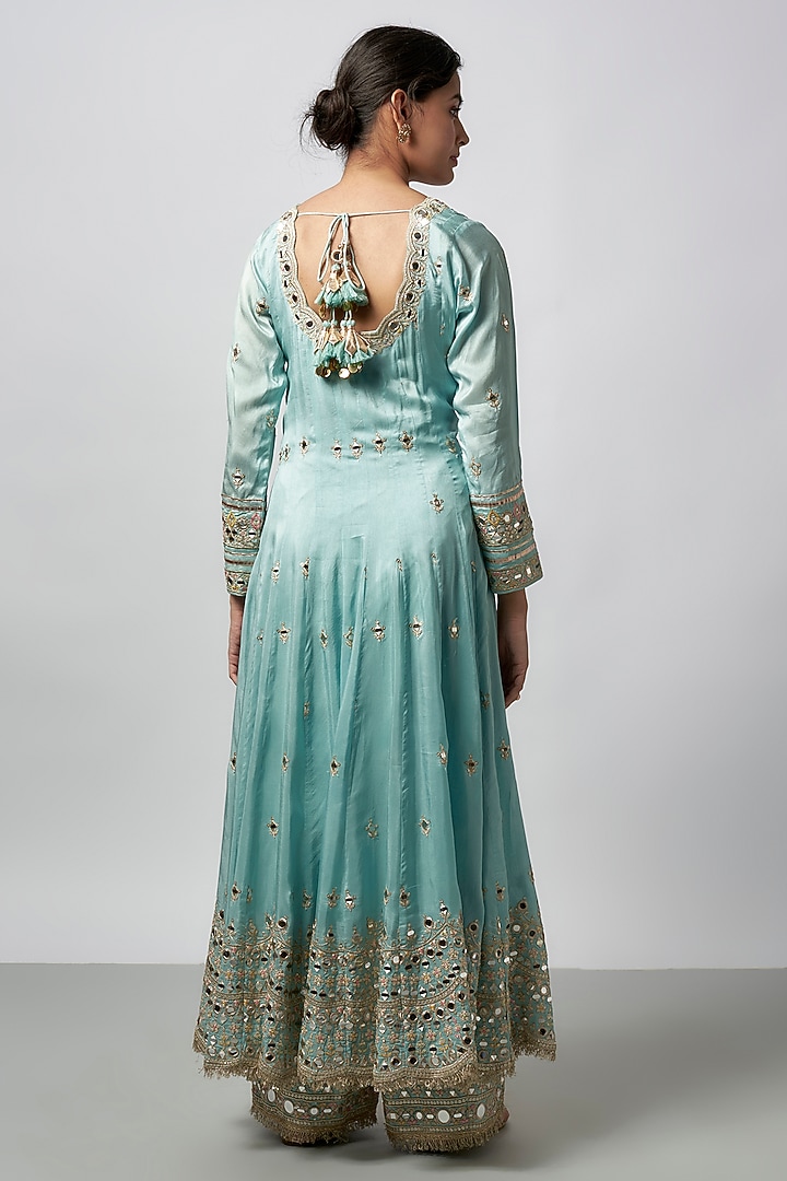 Blue Tussar Mirror & Gold Embroidered Wedding Anarkali Set by GOPI VAID at Pernia's Pop Up Shop