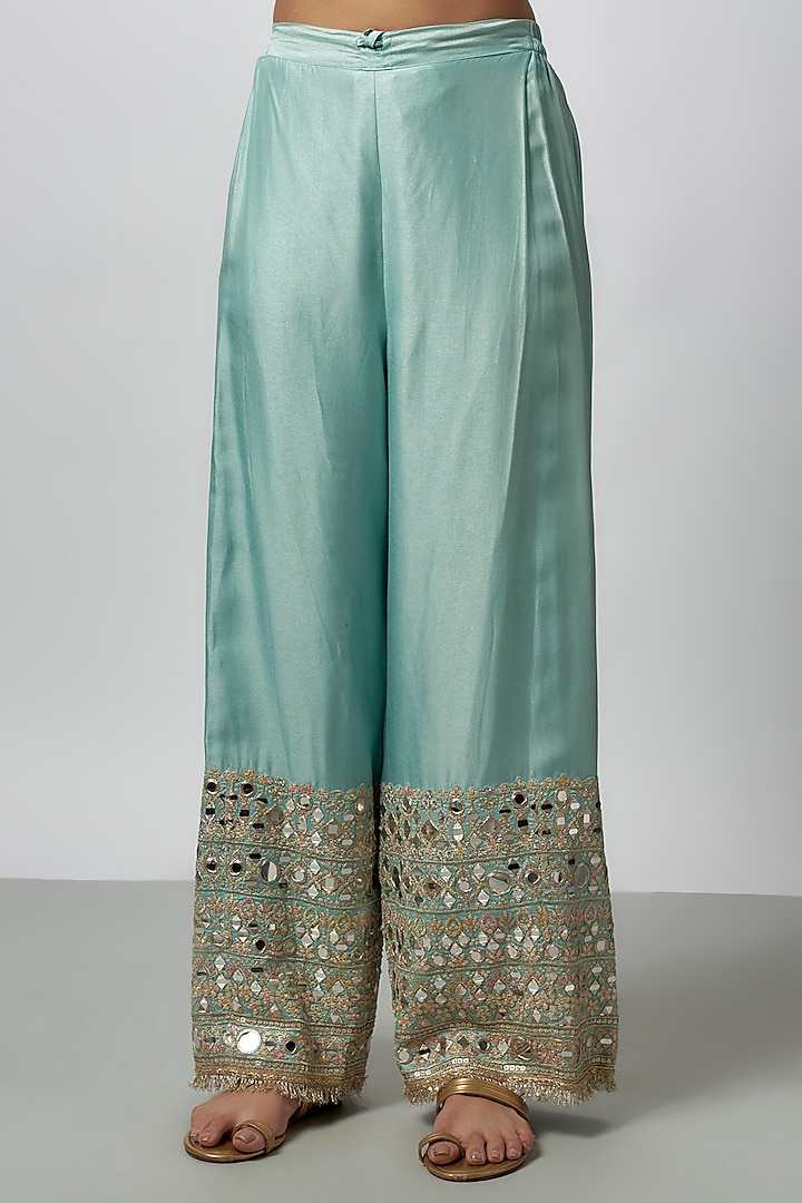 Blue Tussar Mirror & Gold Embroidered Wedding Anarkali Set by GOPI VAID at Pernia's Pop Up Shop