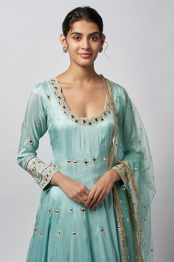 Blue Tussar Mirror & Gold Embroidered Wedding Anarkali Set by GOPI VAID at Pernia's Pop Up Shop