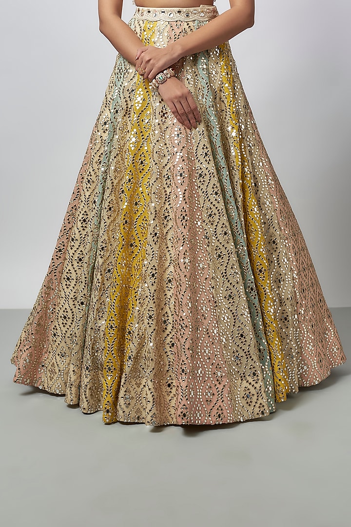 Multi-Colored Tussar Mirror Work Wedding Lehenga Set by GOPI VAID at Pernia's Pop Up Shop