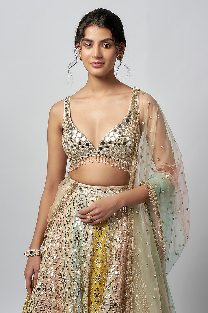 Multi-Colored Tussar Mirror Work Wedding Lehenga Set by GOPI VAID at Pernia's Pop Up Shop