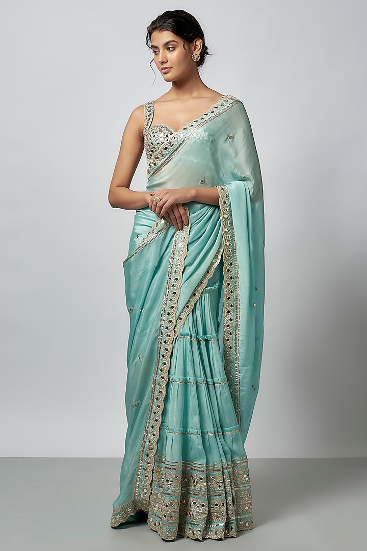 Blue Chiffon Mirror Embroidered Pre-Pleated Wedding Saree Set by GOPI VAID at Pernia's Pop Up Shop