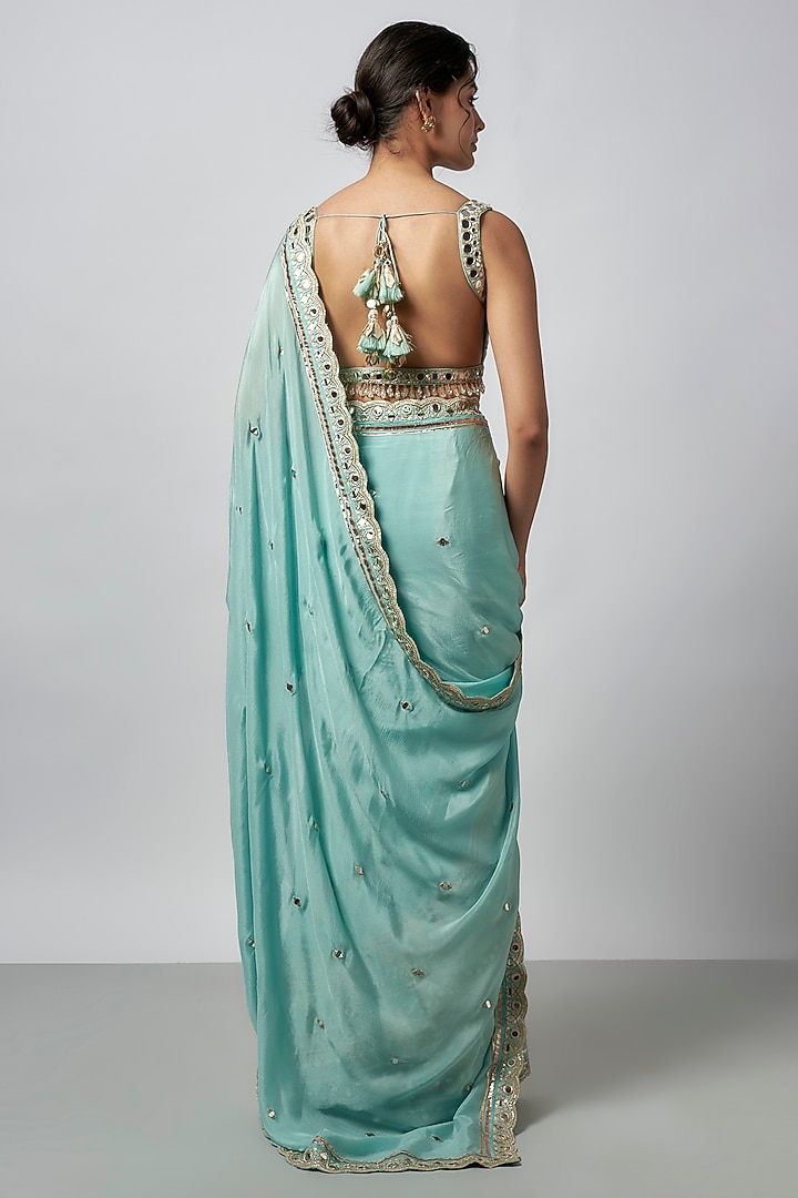 Blue Chiffon Mirror Embroidered Pre-Pleated Wedding Saree Set by GOPI VAID at Pernia's Pop Up Shop