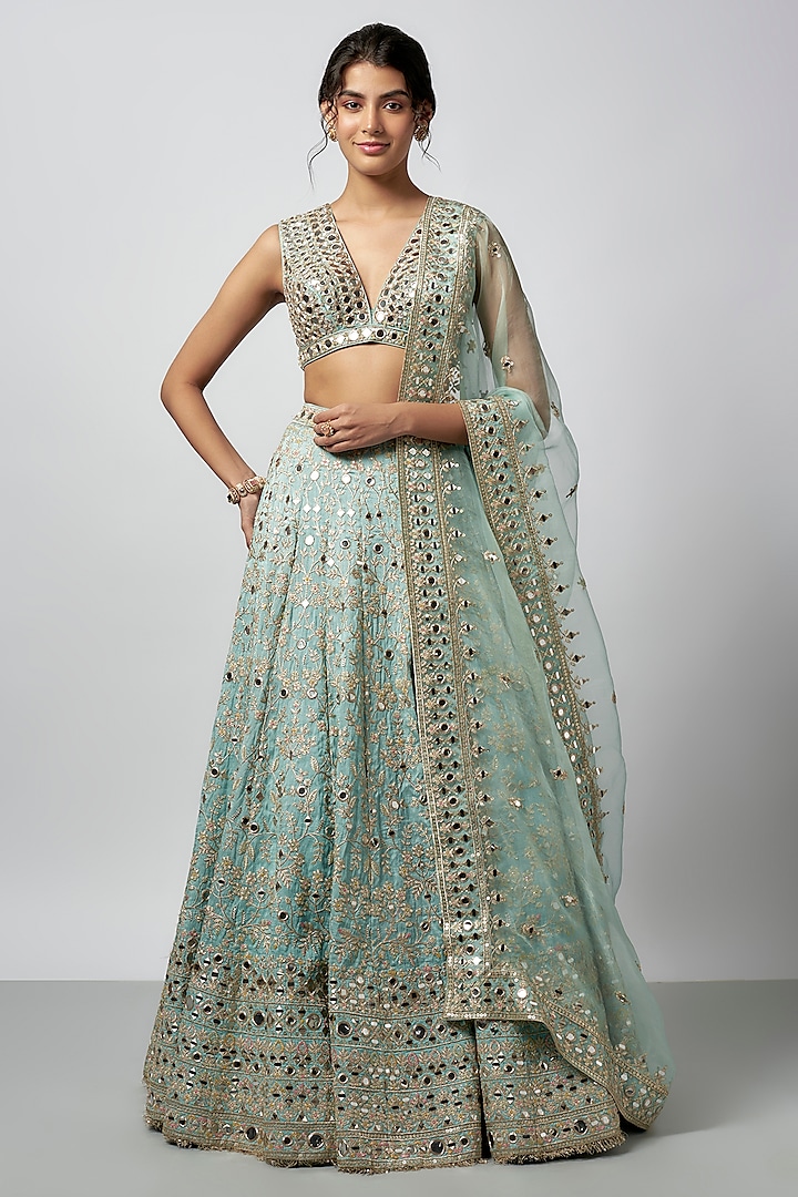 Blue Tussar Thread Work Wedding Lehenga Set by GOPI VAID at Pernia's Pop Up Shop