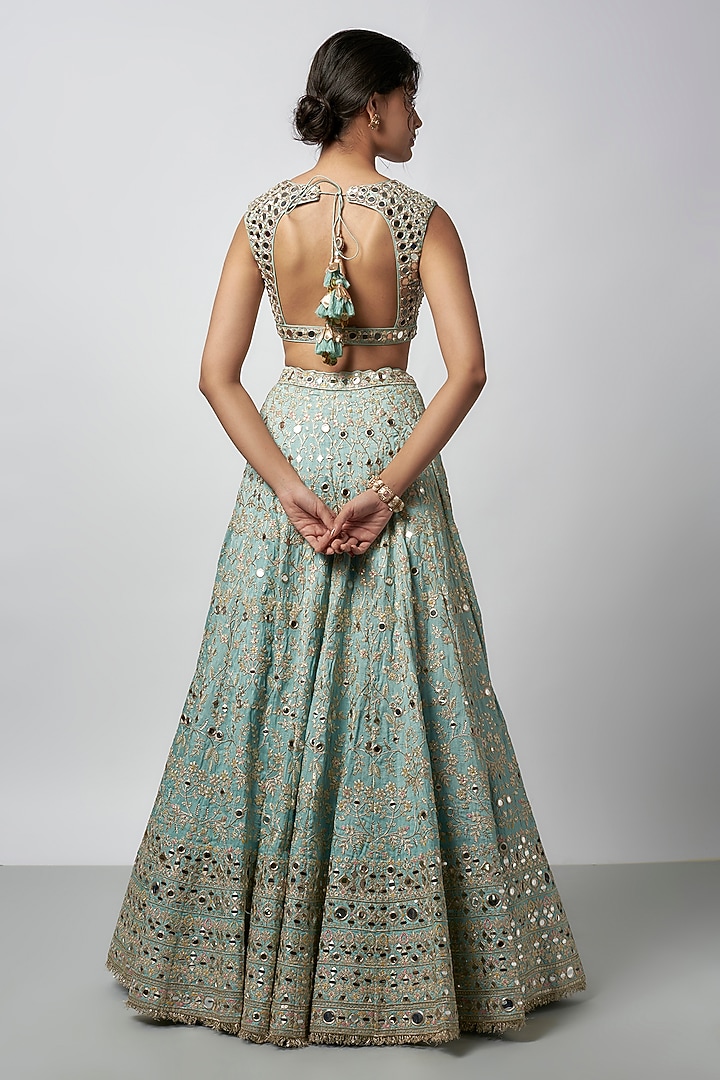Blue Tussar Thread Work Wedding Lehenga Set by GOPI VAID at Pernia's Pop Up Shop