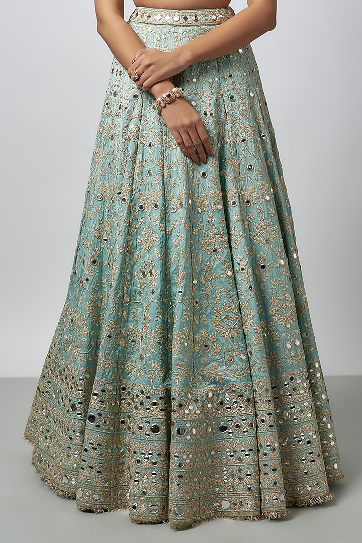 Blue Tussar Thread Work Wedding Lehenga Set by GOPI VAID at Pernia's Pop Up Shop