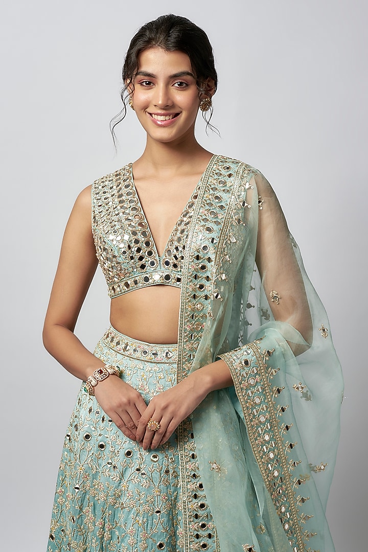 Blue Tussar Thread Work Wedding Lehenga Set by GOPI VAID at Pernia's Pop Up Shop