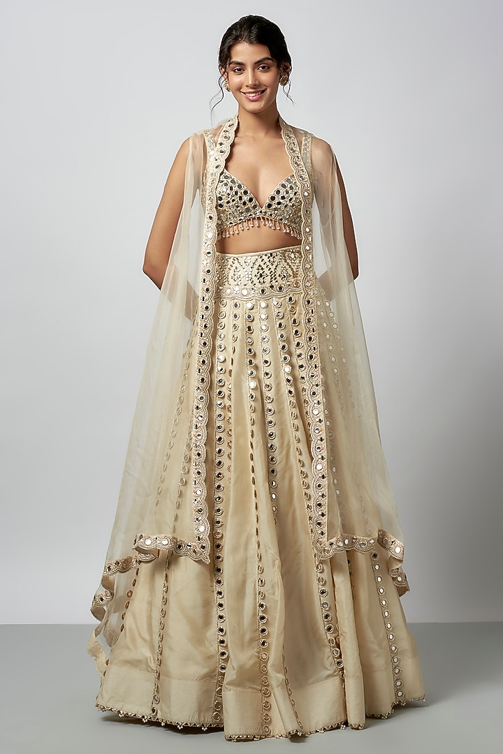 Ivory Organza Embroidered Jacket Wedding Lehenga Set by GOPI VAID at Pernia's Pop Up Shop