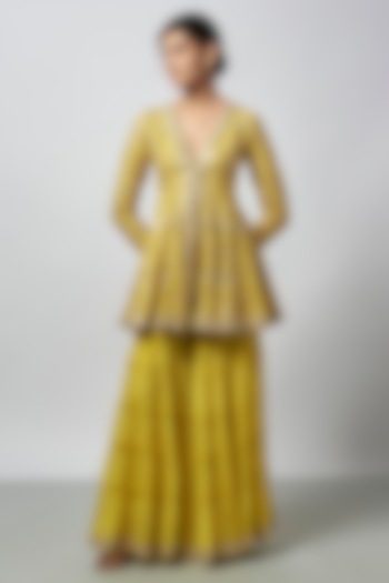 Yellow Chiffon Embellished Wedding Sharara Set by GOPI VAID at Pernia's Pop Up Shop