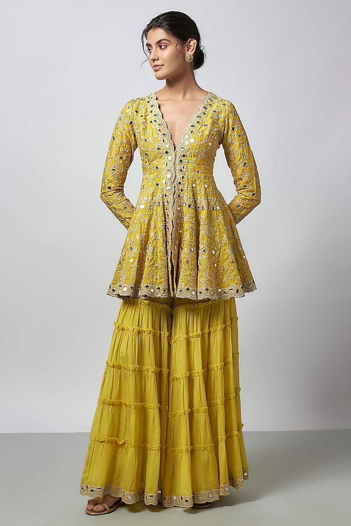 Yellow Chiffon Embellished Wedding Sharara Set by GOPI VAID at Pernia's Pop Up Shop