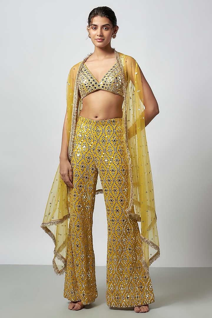 Yellow Net Mirror Work Cape Set by GOPI VAID at Pernia's Pop Up Shop