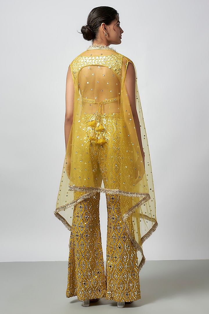 Yellow Net Mirror Work Cape Set by GOPI VAID at Pernia's Pop Up Shop