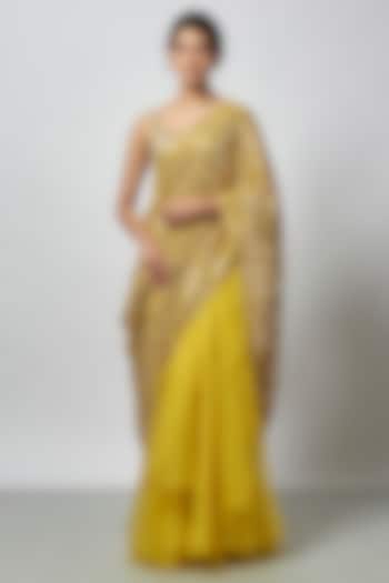 Yellow Chiffon Mirror Embroidered Reception Saree Set by GOPI VAID at Pernia's Pop Up Shop