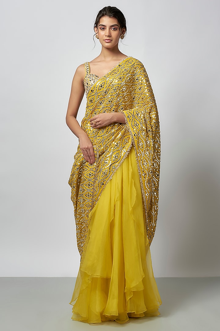 Yellow Chiffon Mirror Embroidered Reception Saree Set by GOPI VAID at Pernia's Pop Up Shop