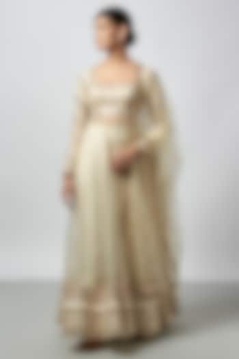 Ivory Tussar & Organza Mirror Embroidered Bridal Anarkali Set by GOPI VAID at Pernia's Pop Up Shop